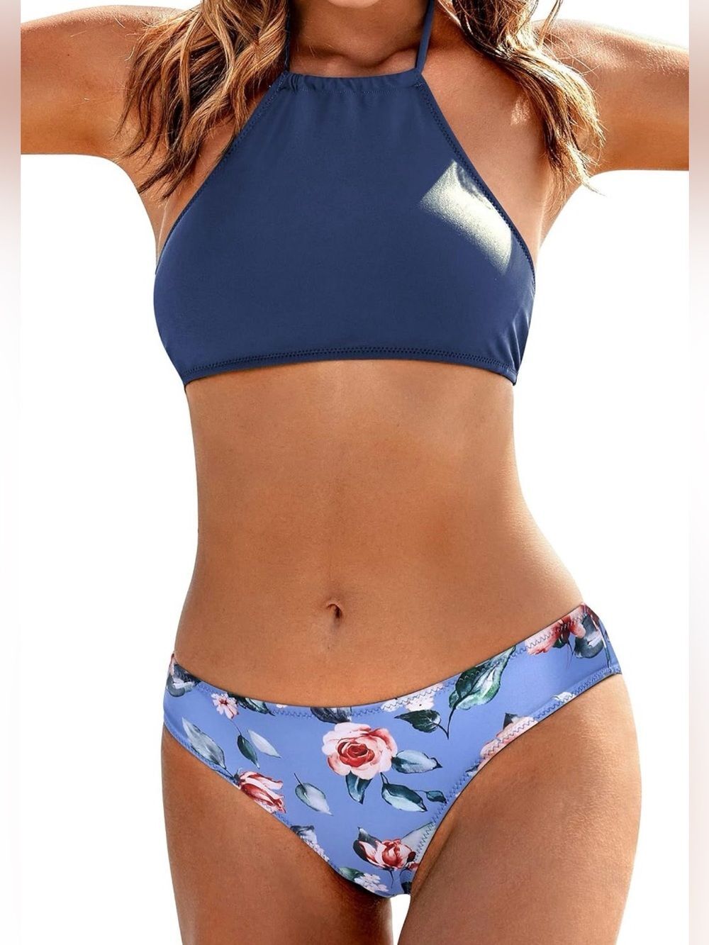 Ekouaer Swimwear High Neck Halter Bikini Set Full Coverage Blue Rose M NWT